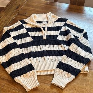 A New Day Striped Black and Cream crochet style sweater.